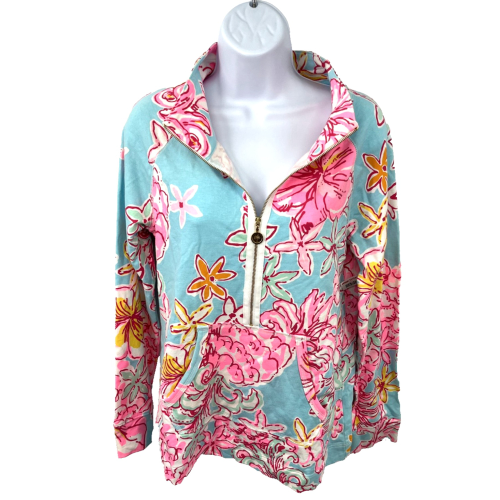 Lilly Pulitzer Sweatshirt‎ Medium Blue Pink Floral Half Zip Pocket Top
